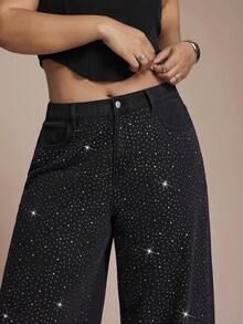 SHEIN Tall CURVE 大码时尚通勤水钻装饰阔腿牛仔裤 - 黑色 - 查看 6