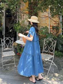 DAZY Women's Round Neck Ruffle Trim Fresh Korean Style Vacation Atmosphere Denim Dress - Blue - View 9