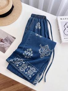 GlowEve Women's Casual Retro Printed Wide Leg Jeans - Blue - View 2