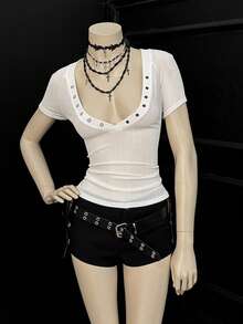 EgrlEra 女士时尚白色深V领镂空边饰短袖T恤 - 白色 - 查看 3