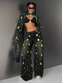 Jeanoix Women's Turndown Collar Frayed Hem Fashionable Versatile Date Casual Long Sleeve Denim Jacket - Green - View 4