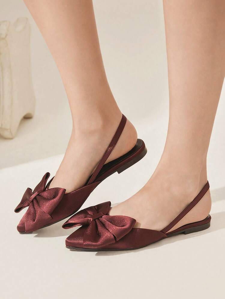 CUCCOO CHICEST Woman Shoes Cute Bow Decor Point Toe Vacation Black Slingback Satin Flats For Summer Vacation Shoes Summer Elegant Flats Summer Shoes Summer Break Easter For Christmas Summer Shoes Wedding Shoes Bride Shoes