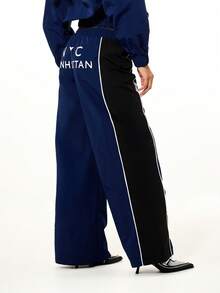 SUMWON WOMEN Women's Navy Manhattan Track Pants With Star Embellishments And Color Block Design Athleisure Joggers For Casual Everyday Wear - Blue - View 2