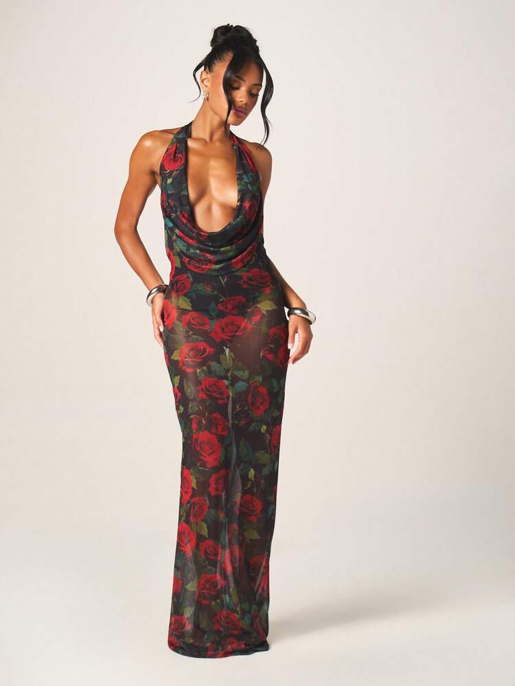 MISSGUIDED Women's Rose Print Mesh Cowl Neck Halter Maxi Dress Evening Party Bodycon Floral Valentine's Date Night Formal Long Dress