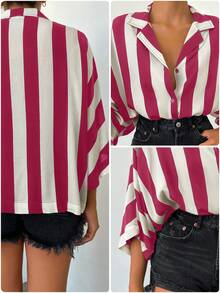 EURMUSE 100%纯棉女式春夏休闲拼色条纹蝙蝠袖衬衫 - 玫紅色 - 查看 7