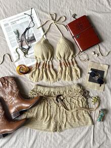 Soleia 两件套波西米亚风吊带露背系带吊带背心和流苏短裤套装，波西米亚风，度假，复古，节日，音乐节 - 杏色 - 查看 8