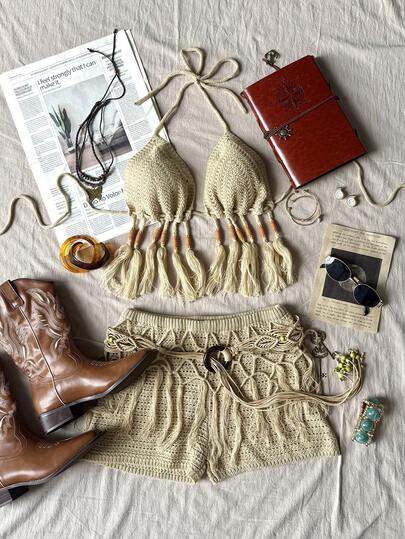 Soleia 2pcs Bohemian Spaghetti Strap Backless Tie Camisole And Tassel Shorts Set, Boho, Vacation, Vintage, Holiday, Music Festival