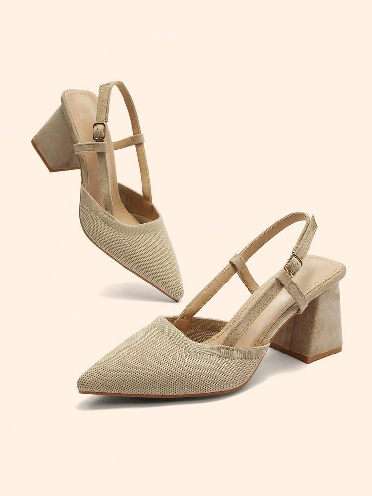 CUCCOO BASICS Pointed Toe Chunky Heel Apricot Knit Backstrap Buckle Comfortable Breathable Daily Versatile Commute Outdoor Necessary Women's High Heel Mules Spring Shoes