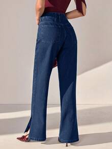 CLARA VERO Low Waist Side Slit Elegant Straight Jean - Dark Wash - View 2