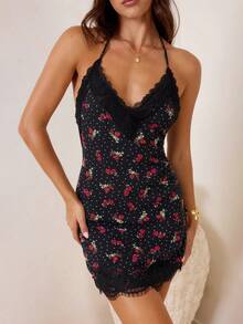 Enchnt 女士波点荷叶边领蕾丝连衣裙 - 棕色 - 查看 5