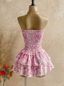 Soleia Đầm midi hở vai in họa tiết hoa màu xanh dáng chữ A xếp nếp ôm vừa vặn cho nữ - Hồng - Xem 2