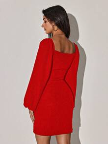 EURMUSE Women's Fashion Solid Color V-neck Long Sleeve Dress - Merah - View 2