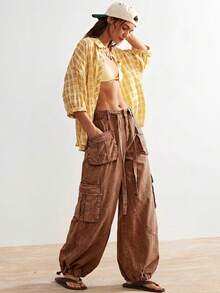 Bohemela Women's Casual Solid Color Woven Loose Drawstring Waist Low-Rise Wide Leg Pants - Brown - View 7