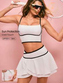 GLOWMODE 情人节双倍爱意，丝滑速干，UPF 50+ 防晒，交叉腰带，内置短裤，侧边口袋，双色双层裙摆，低冲击网球、高尔夫、匹克球运动，日常休闲穿着 - 白色 - 查看 1