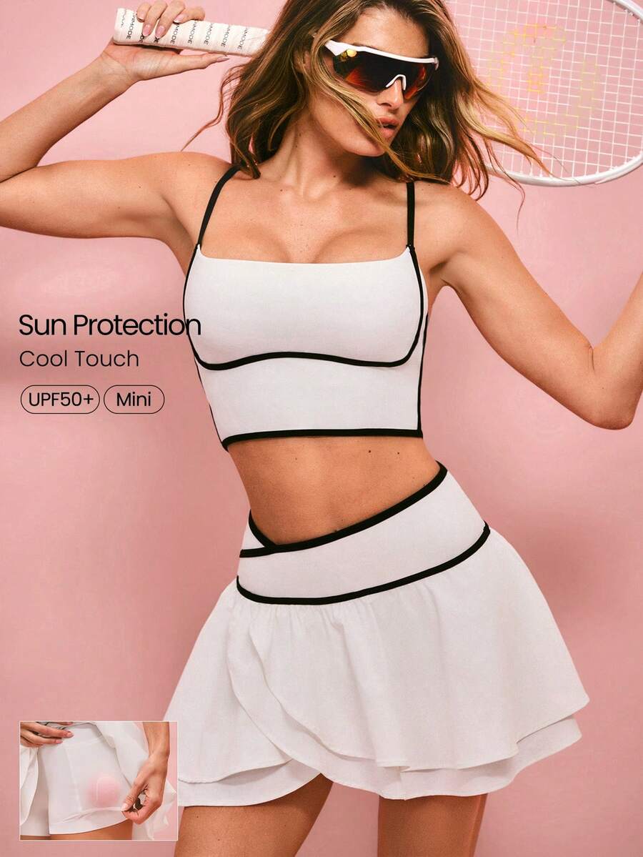 GLOWMODE 情人节双倍爱意，丝滑速干，UPF 50+ 防晒，交叉腰带，内置短裤，侧边口袋，双色双层裙摆，低冲击网球、高尔夫、匹克球运动，日常休闲穿着 - 白色 - 查看 1