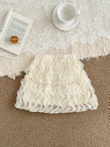 SHEIN Young Girls Sweet Elegant Apricot 3D Rose Textured Mesh A-Line Princess Skirt - Beige - View 1