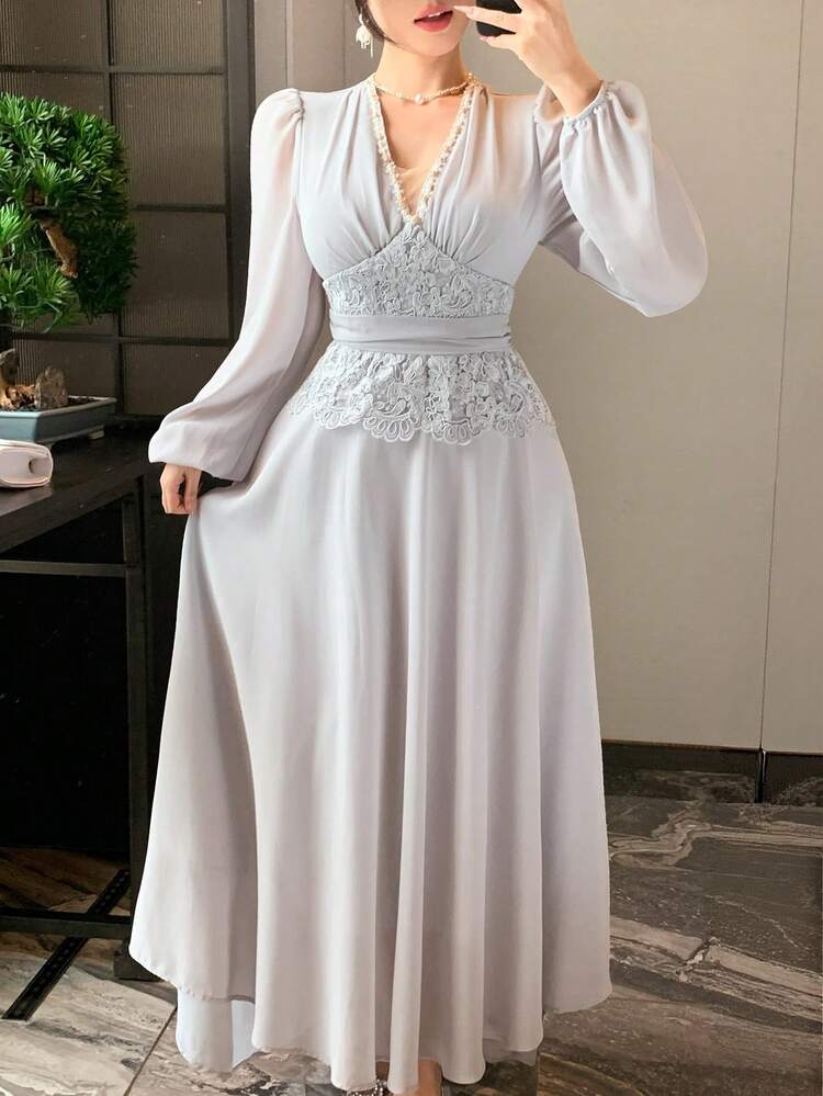 French Style Elegant Long Sleeve V-Neck A-Line Dress For Women Maxi Dress Sundress