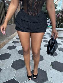 Alexandranx Women's Elegant Sweet Ballet-Style Layered Ruffle Hem Skort, Solid Color, Autumn/Winter - Black - View 3