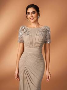 优雅奢华的串珠蕾丝贴花拼接弹力针织网纱喇叭袖美人鱼连衣裙，适合婚礼、派对、度假、新娘、新娘母亲晚礼服 - 香檳色 - 查看 2