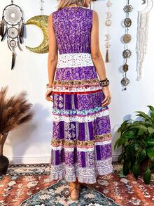 紫色波西米亚风印花无袖连衣裙，度假风长裙 - 彩色 - 查看 2