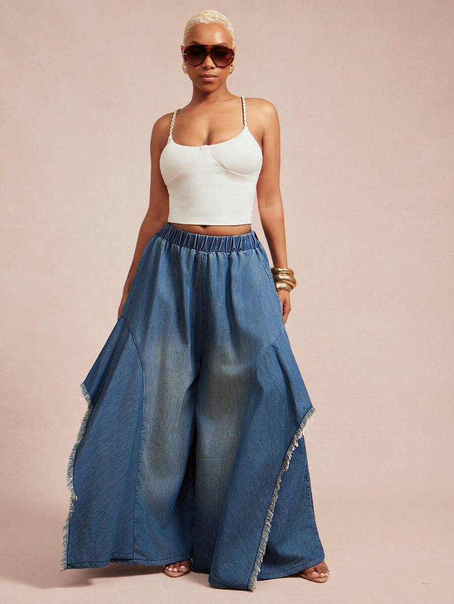 Vixey 高腰弹力腰带毛边侧片阔腿牛仔阔腿裤 - 深色水洗藍 - 查看 1