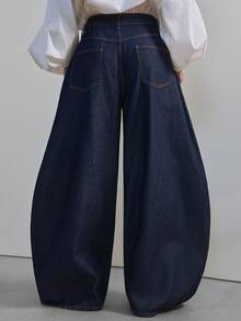Hauture 女士低腰宽松筒状牛仔裤，性感职业装 - 深色水洗藍 - 查看 6