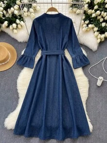 Qadelle Đầm denim thêu hoa dáng thường ngày dành cho nữ, thích hợp cho kỳ nghỉ. - Màu xanh lam - Xem 3
