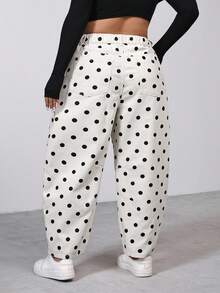 SHEIN PETITE CURVE 夏季加大码 PETITE CURVE 女士黑白波点口袋纽扣喇叭阔腿牛仔裤，休闲夏季度假装扮，时尚百搭，适合度假穿着。 - 白色 - 查看 2