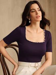 Anewsta New Seamless Fitted Beaded Solid Color Square Neck T-Shirt - Purple - View 3