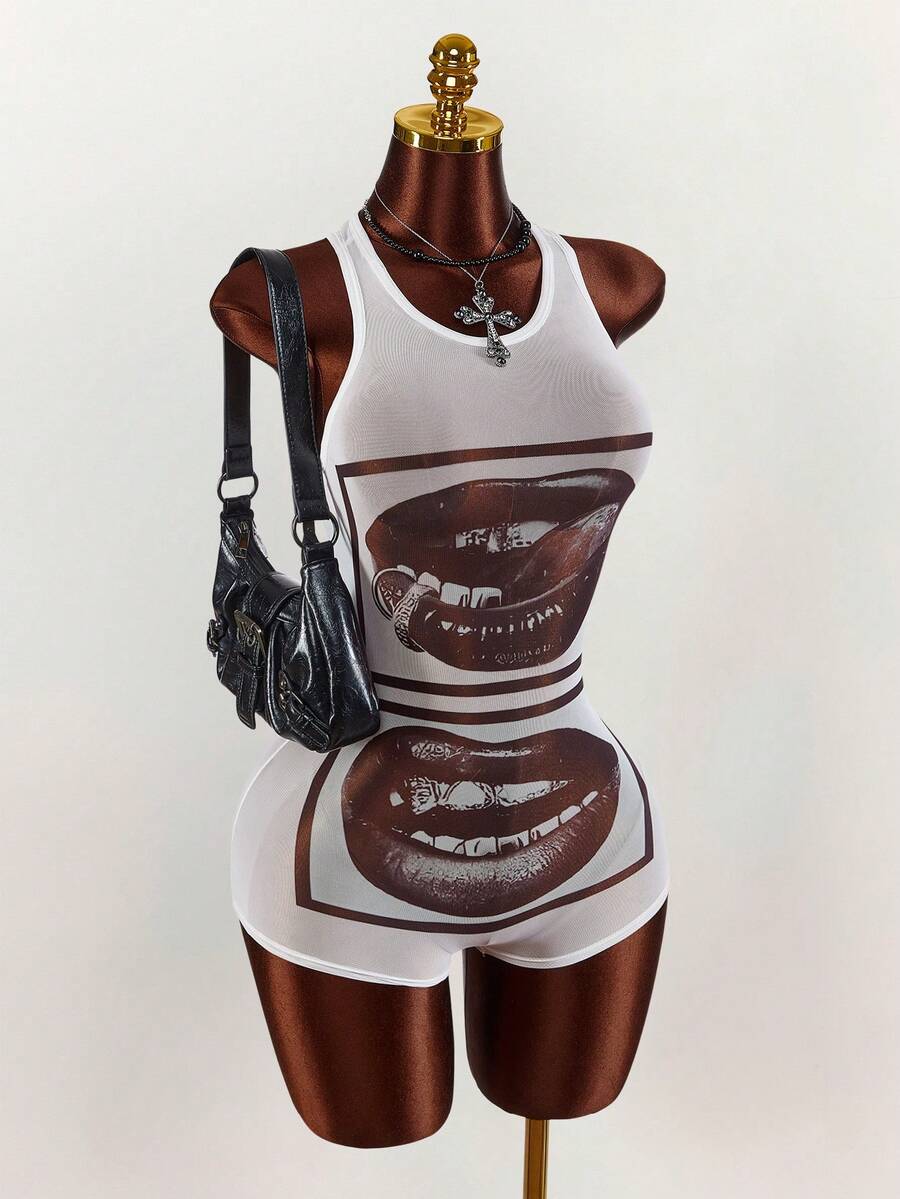 Amplova Face & Lip Print Sheer Bodycon Mini Jumpsuit For Women - White - View 1