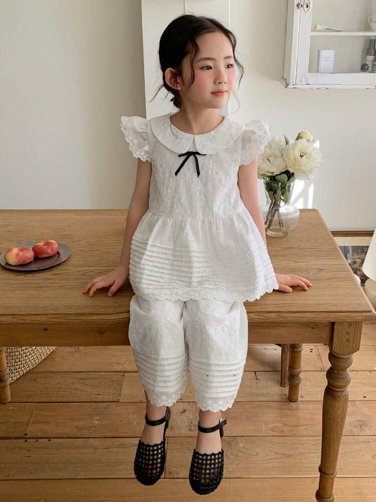 Young Girl Embroidered Peter Pan Collar Cap Sleeve Blouse And Pants Cute 2-Piece Set Summer