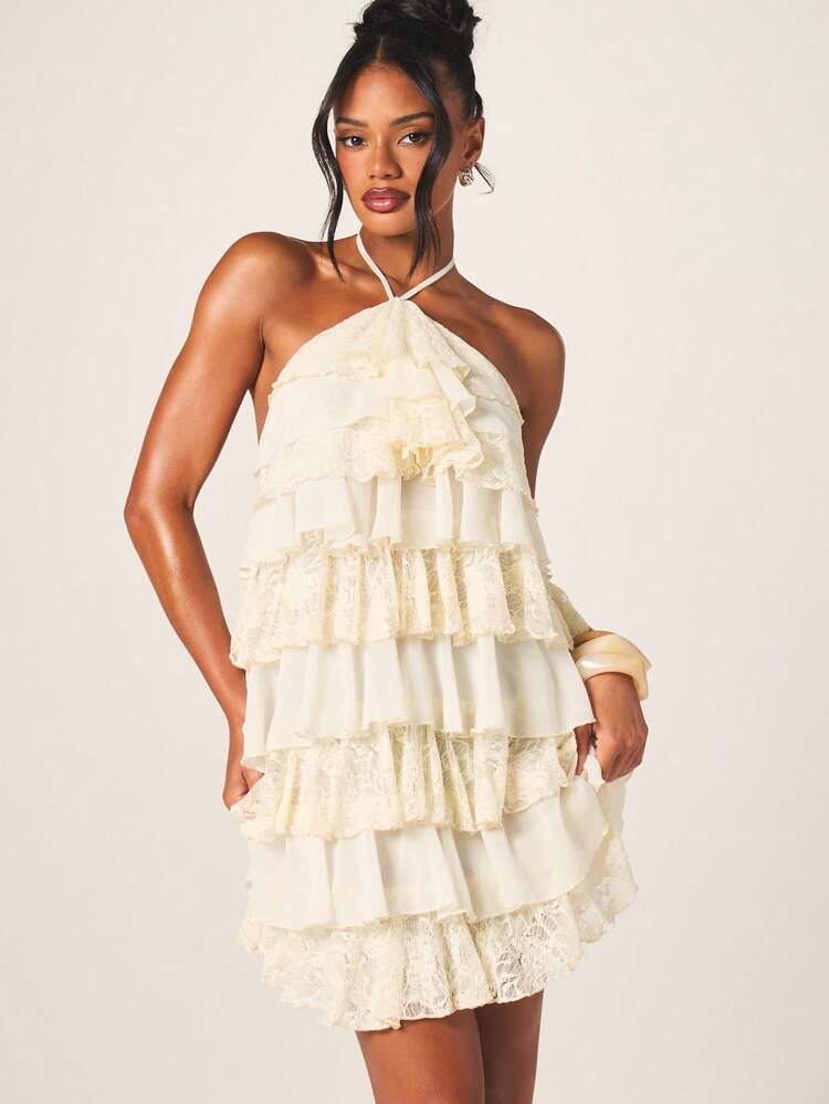 MISSGUIDED Women Cream Lace Chiffon Tiered Ruffle Halter Neck Mini Dress Party Cocktail Summer Wedding Guest Feminine
