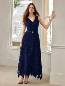 MOTF PREMIUM WOMEN'S EMBROIDERED DRESS, SUITABLE FOR DAILY WEAR AND DATES, SPRING/SUMMER - Navy Blue - View 6