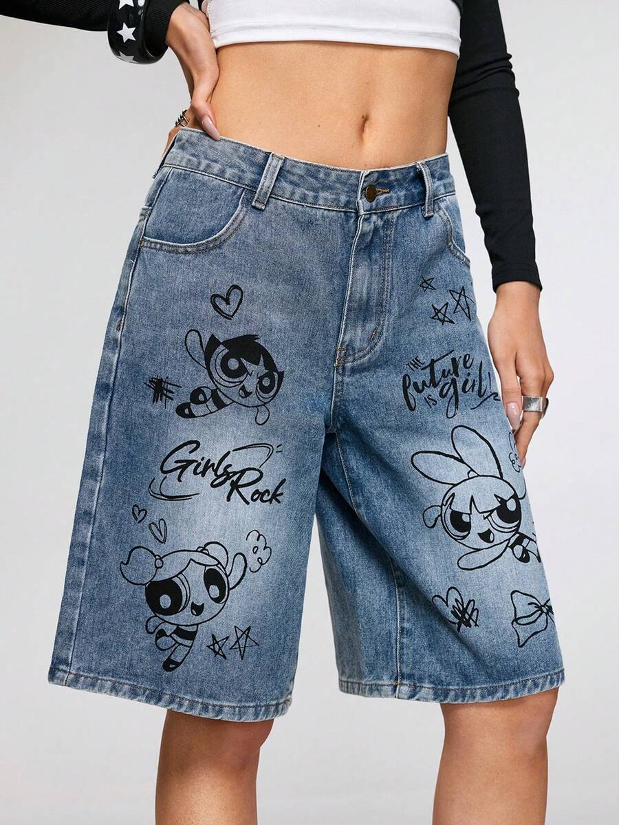 THE POWERPUFF GIRLS X SHEIN Quần jeans ống rộng lửng in hình hoạt hình phong cách thường ngày dành cho nữ, thích hợp cho mùa hè. - Màu xanh lam - Xem 1