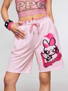THE POWERPUFF GIRLS X SHEIN 女士休闲卡通印花抽绳腰短裤，夏季 - 粉色 - 查看 1