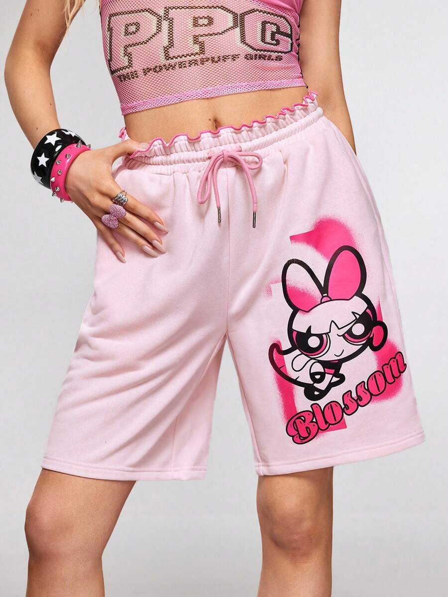 THE POWERPUFF GIRLS X SHEIN 女士休闲卡通印花抽绳腰短裤，夏季 - 粉色 - 查看 1