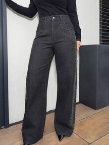 Jeta Ari Chaebol Heavy Industry 女款黑色水钻直筒牛仔裤 - 黑色 - 查看 3