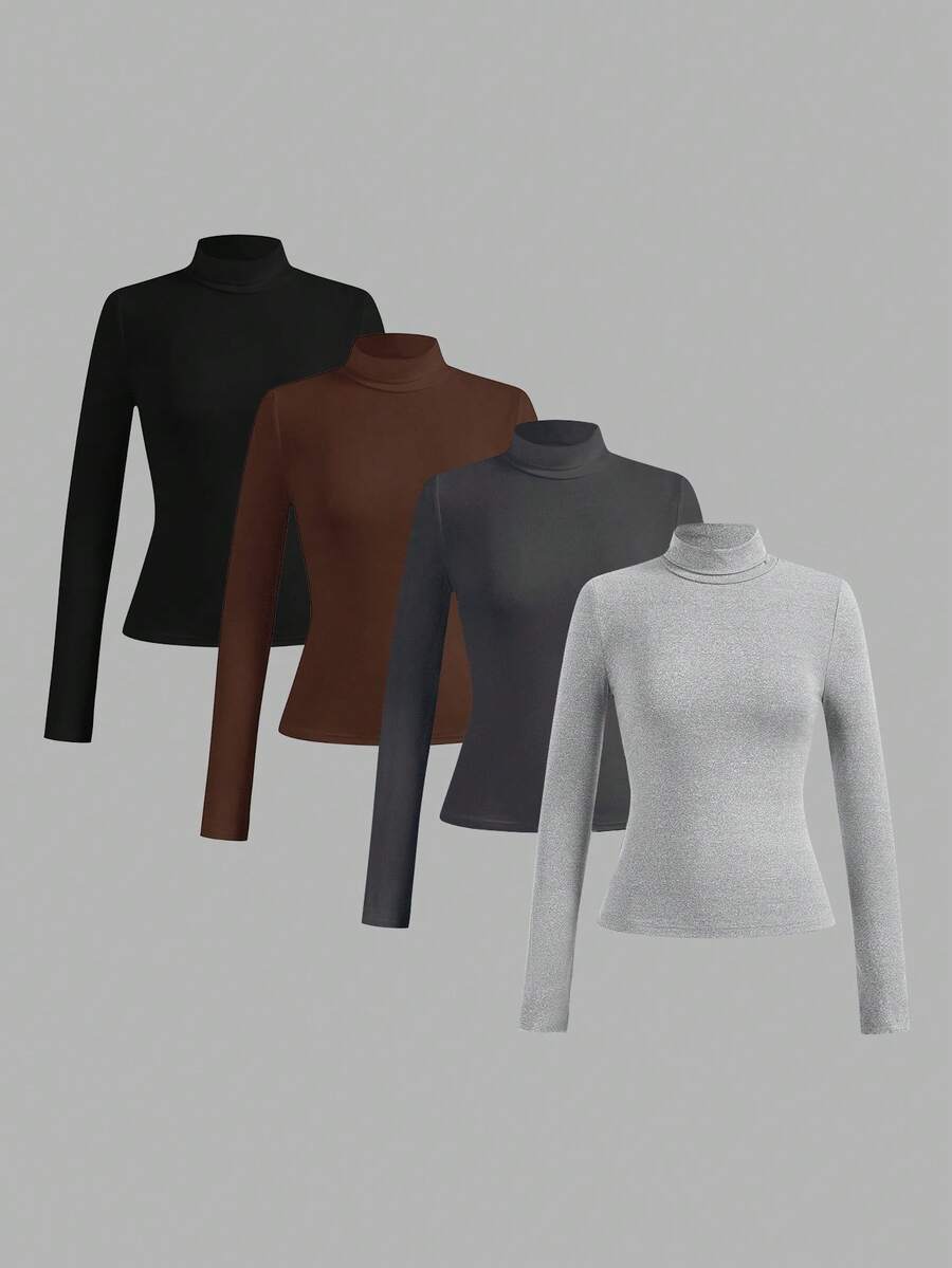 SHEIN Essnce Bộ 4 áo len cổ lọ nhiều lớp màu trơn đơn giản, dáng ôm vừa vặn dành cho nữ, mùa thu/đông - Nhiều màu - Xem 1