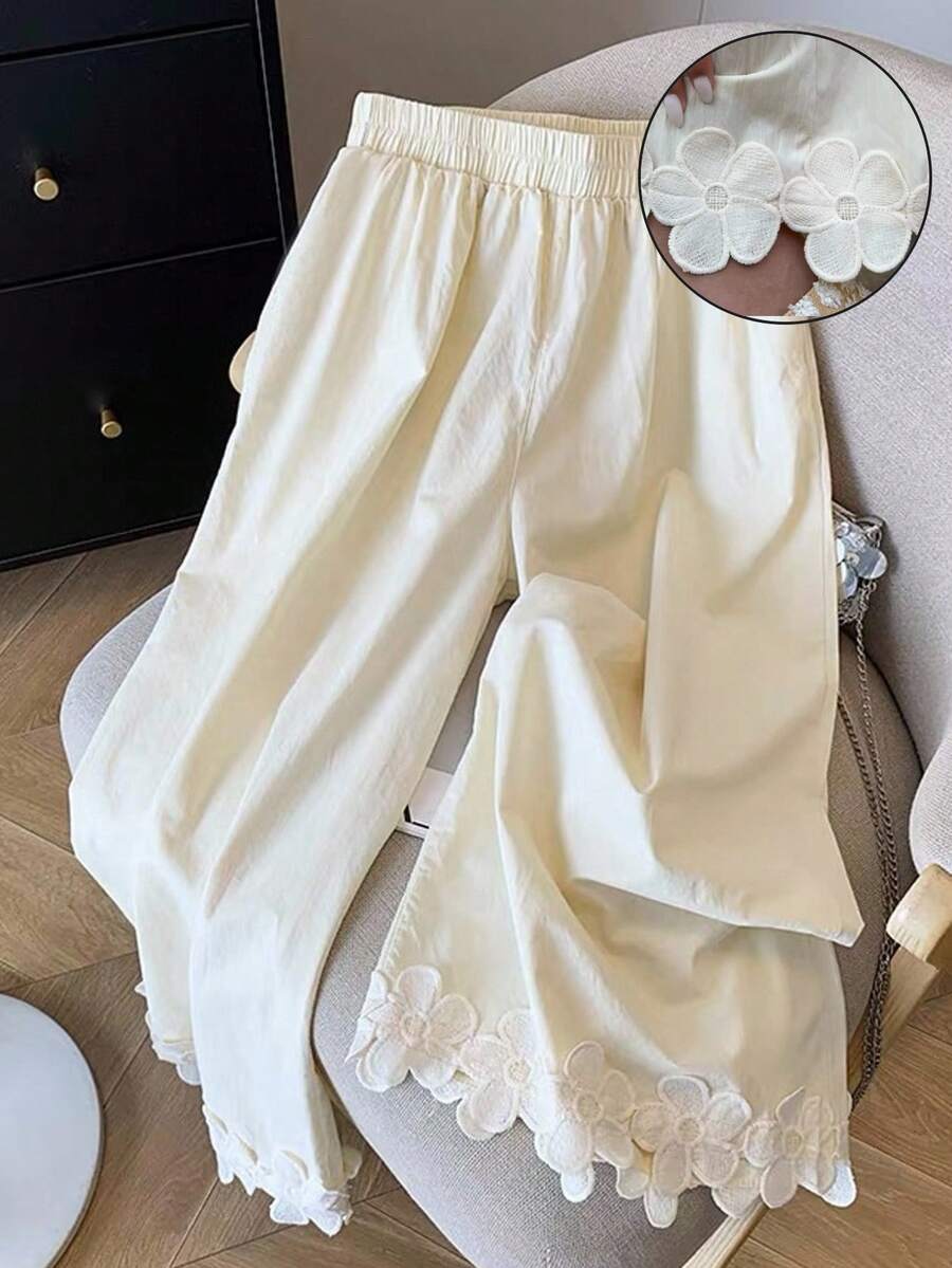 SHEIN Frenchy 女士纯色弹力腰直筒宽松休闲裤 - 杏色 - 查看 1