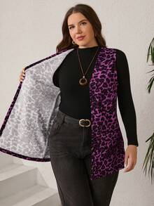 Miaspire Plus Size Women's Fall/Early Spring Casual Fashion Vacation Leopard Print Pocket Open Front Sleeveless Coat With Pocket, Casual For Early Spring, Simple And Fashionable For Everyday Wear, Going Outs, 2026 New, Simple And Fashionable For Everyday Wear, Spring For Women, Sleeveless Cardigan, Vacations Women, Holidays For Women, Spring Women, Spring/Summer/Vacation, Commute, Daily Wear - Purple - View 8