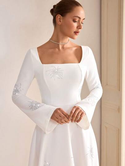 CLARA VERO Women's Square Neck Rhinestone Decor Waist Flared Dress