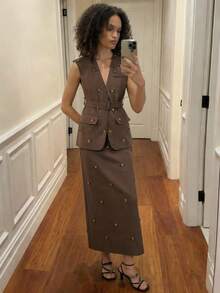 Maija 女士V领贴花腰带V领时尚无袖薄款西装外套 - 棕色 - 查看 2