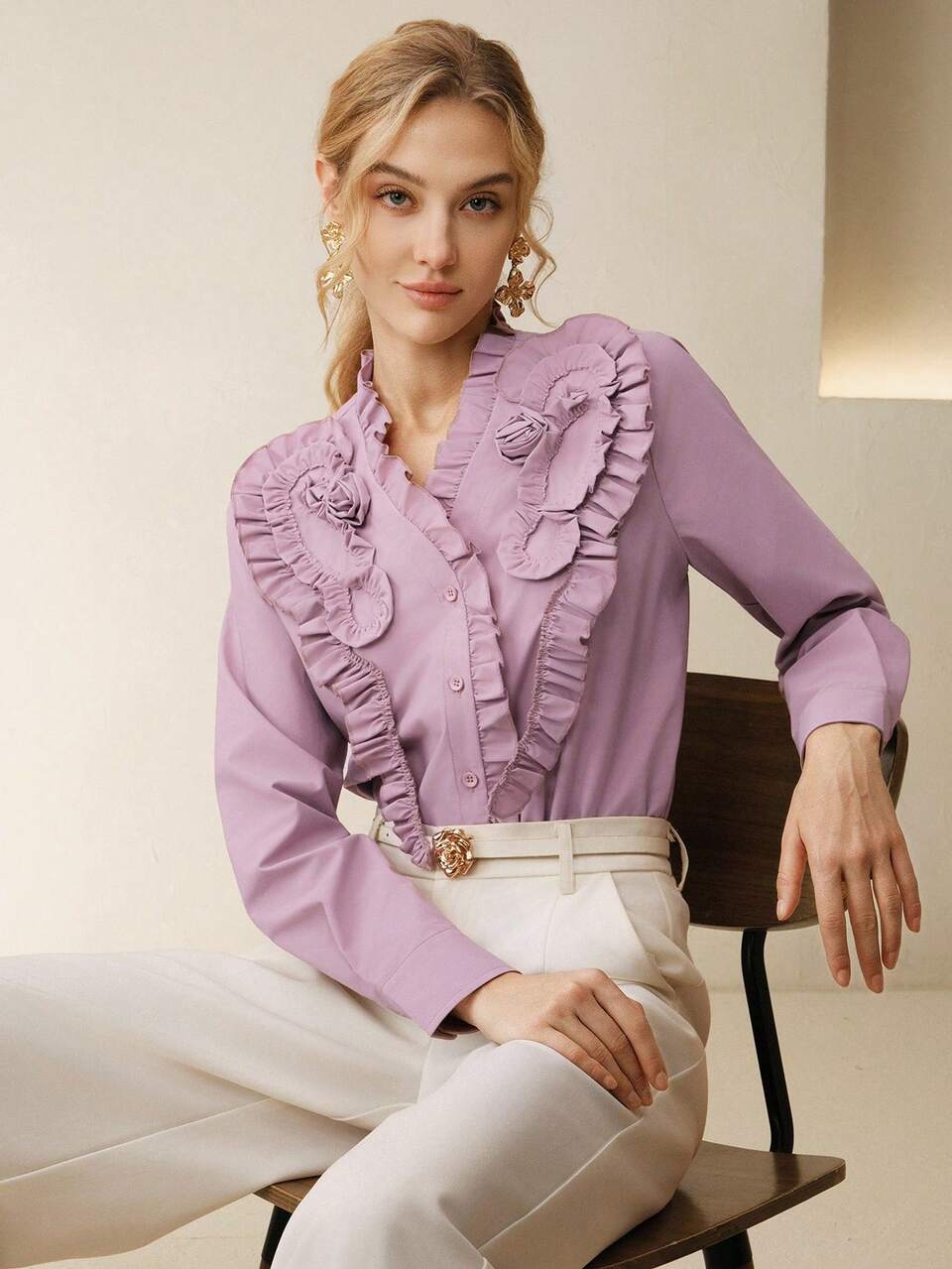Anewsta Elegant Women's Blouse, V-Neck Long Sleeve Loose Frill Floral Embroidery Casual Shirt, Pink Ruffle Shirt Elegant Blouses