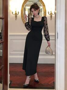 DAZY Women's Black Floral Spring And Summer Elegant Seductive Dining Organza Ditsy Lace Dress,Valentine's Day Wedding Party Sheer Mesh Long Sleeve Midi - Black - View 4