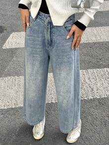 DAZY 西部牛仔风做旧水洗直筒九分牛仔裤，适合秋冬季女士休闲穿着 - 淺色水洗藍 - 查看 3