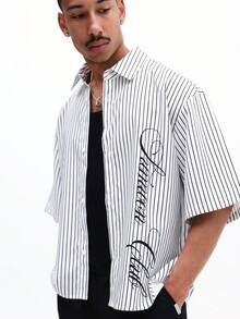 SUMWON 男士条纹印花纽扣衬衫，常规版型，短袖休闲翻领上衣，适合办公室、商务、正式场合和夏季穿着。 - 白色 - 查看 4