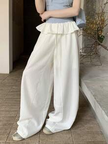 DAZY Quần nữ dáng suông rộng, có bèo nhún, dây rút, cạp chun, kiểu dáng thường ngày. - trắng - Xem 2