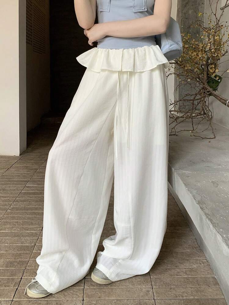 Women's Frill Trim Drawstring Waist Elastic Waist Loose Barrel Leg Casual Pants
