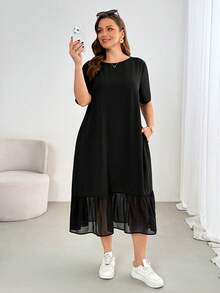 Shapeblank Đầm ngắn tay bằng chiffon màu đen dáng lửng phối họa tiết, thoải mái, dễ mặc, đa năng, tôn dáng dành cho nữ cỡ lớn thời trang xuân/hè, trang phục mùa hè, đầm có túi, kiểu dáng đơn giản. - màu đen - Xem 4