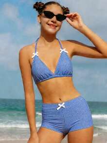 少女可爱蓝白格子针织露背比基尼套装，蝴蝶结装饰，两件式泳衣，时尚优雅，适合游泳、海滩、泳池、夏季度假 - 藍色 - 查看 6